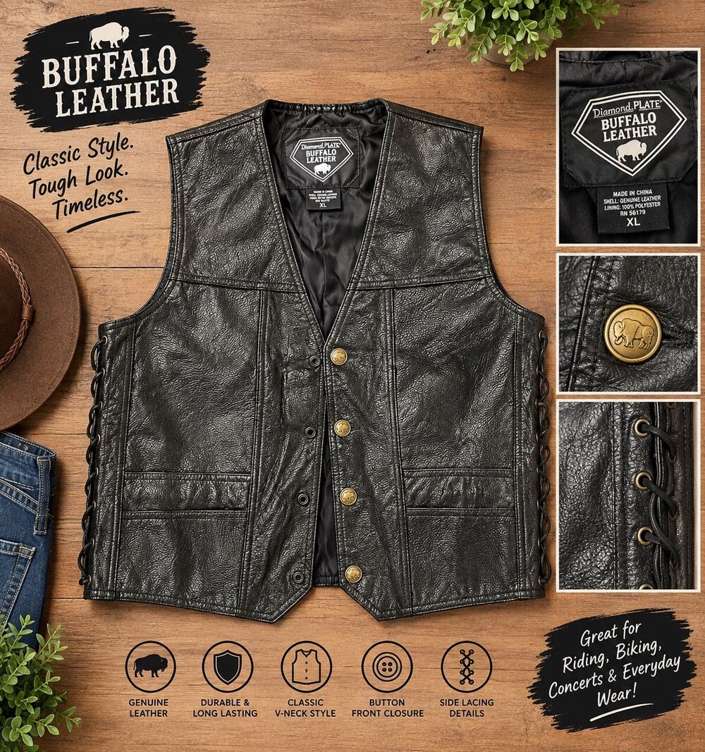 Vintage Diamond Plate Buffalo Leather Vest 2X Black Biker Western Retro 1980s